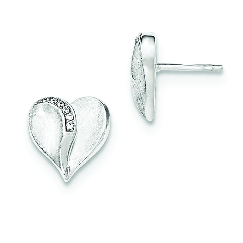 Sterling Silver Polished & Textured CZ Heart Post Earrings QE12430 - shirin-diamonds