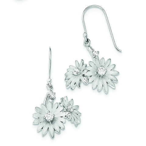 Sterling Silver Polished And Satin Shepherd Hook CZ Flowers Earrings QE12463 - shirin-diamonds