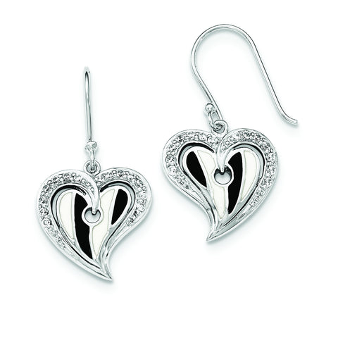 Sterling Silver Polished Heart With Black And White Enamel CZ Earrings QE12491 - shirin-diamonds