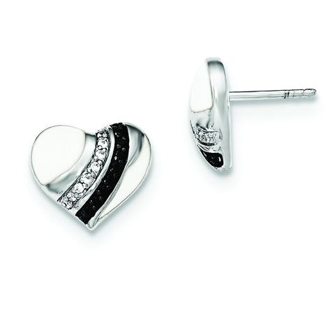 Sterling Silver Blk Rhod & Enamel White/Blk CZ Heart Post Earrings QE12492 - shirin-diamonds