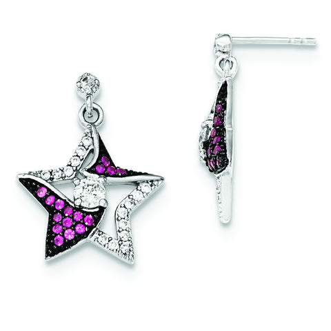 Sterling Silver W/Synthetic Ruby & CZ Dangle Post Earrings QE12508 - shirin-diamonds