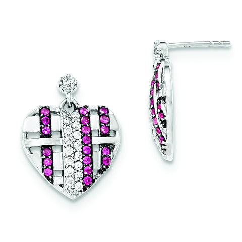 Sterling Silver W/Synthetic Ruby & CZ Heart Dangle Post Earrings QE12517 - shirin-diamonds