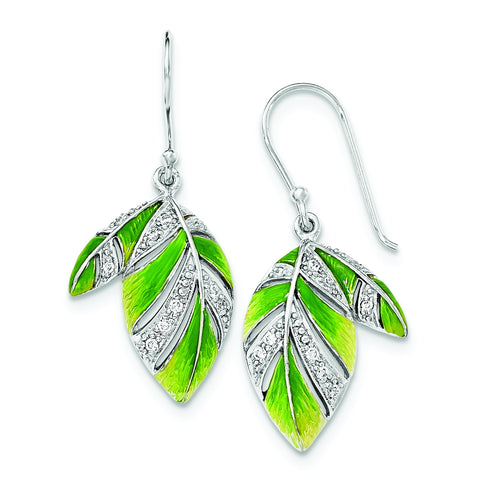 Sterling Silver Green And Yellow Enamel Leaf And CZ Earrings QE12527 - shirin-diamonds