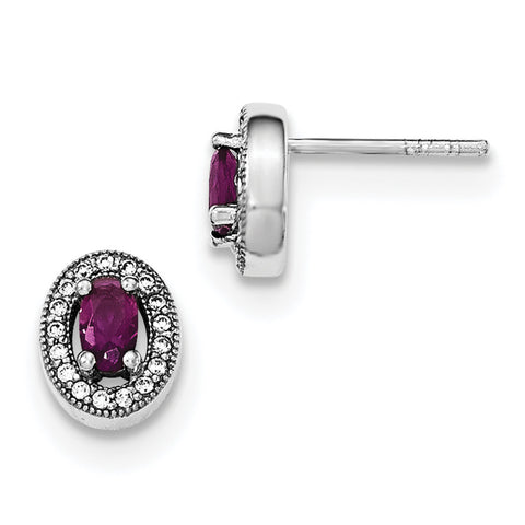 Sterling Silver Rhodium-plated w/ Purple & White CZ Oval Stud Earrings QE12554 - shirin-diamonds