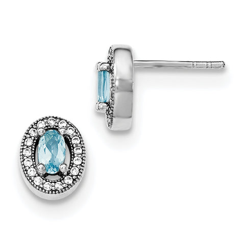 Sterling Silver Rhodium-plated w/ Light Blue & White CZ Oval Stud Earrings QE12555 - shirin-diamonds