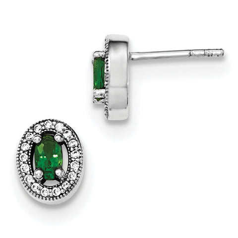 Sterling Silver Rhodium-plated w/ Green & White CZ Oval Stud Earrings QE12557 - shirin-diamonds