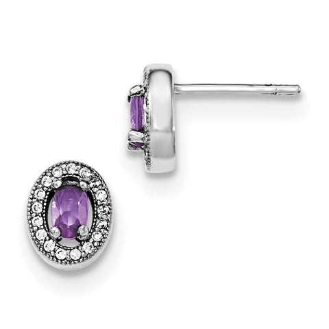 Sterling Silver Rhodium Polished June Purple & White CZ Oval Post Earrings QE12558 - shirin-diamonds