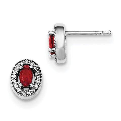 Sterling Silver Rhodium-plated w/ Red & White CZ Oval Stud Earrings QE12559 - shirin-diamonds