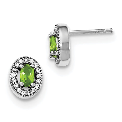 Sterling Silver Rhodium-plated  Light Green & White CZ Oval Stud Earrings QE12560 - shirin-diamonds