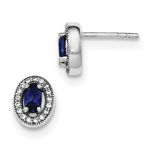 Sterling Silver Rhodium-plated w/ Blue & White CZ Oval Stud Earrings QE12561 - shirin-diamonds