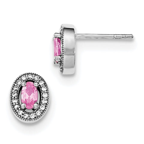 Sterling Silver Rhodium-plated w/ Pink & White CZ Oval Stud Earrings QE12562 - shirin-diamonds