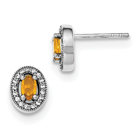 Sterling Silver Rhodium-plated w/ Yellow & White CZ Oval Stud Earrings QE12563 - shirin-diamonds