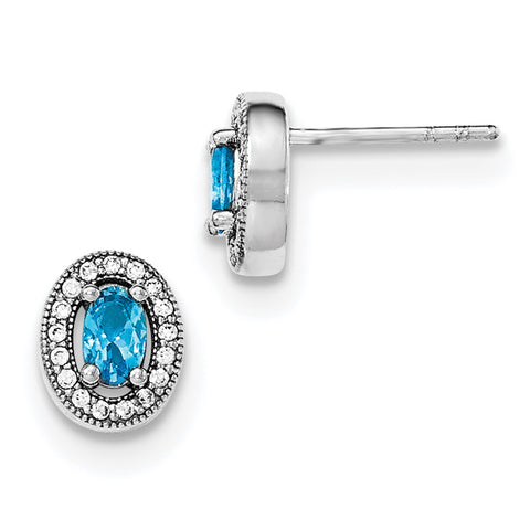 Sterling Silver Rhodium-plated w/ Blue & White CZ Oval Stud Earrings QE12564 - shirin-diamonds