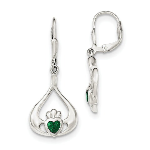 Sterling Silver Green CZ Heart Leverback Claddagh Dangle Earrings QE12571 - shirin-diamonds