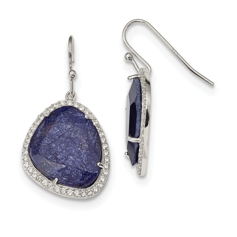 Sterling Silver with Blue Corundum and CZ Shepherd Hook Earrings QE12595 - shirin-diamonds