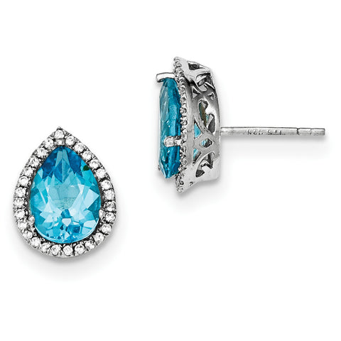 Sterling Silver Rhodium Polished Blue Topaz & CZ Post Earrings QE12637DEC - shirin-diamonds