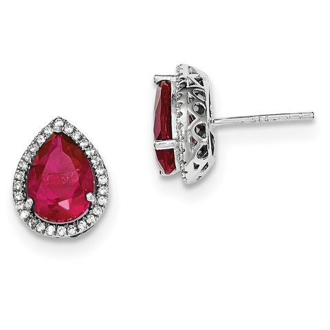 Sterling Silver Rhodium Polished Created Ruby & CZ Post Earrings QE12637JUL - shirin-diamonds