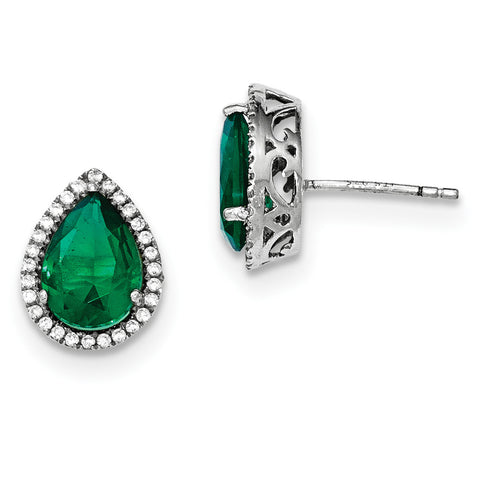 Sterling Silver Rhodium Simulated Emerald & CZ Post Earrings QE12637MAY - shirin-diamonds
