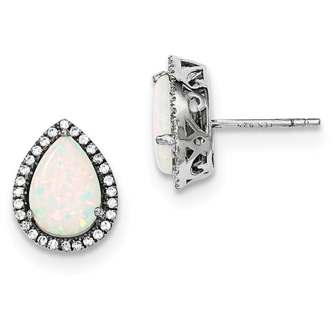 Sterling Silver Rhodium Polished Simulated Opal & CZ Post Earrings QE12637OCT - shirin-diamonds