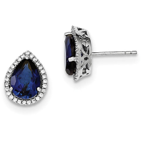 Sterling Silver Rhodium Created Sapphire & CZ Post Earrings QE12637SEP - shirin-diamonds