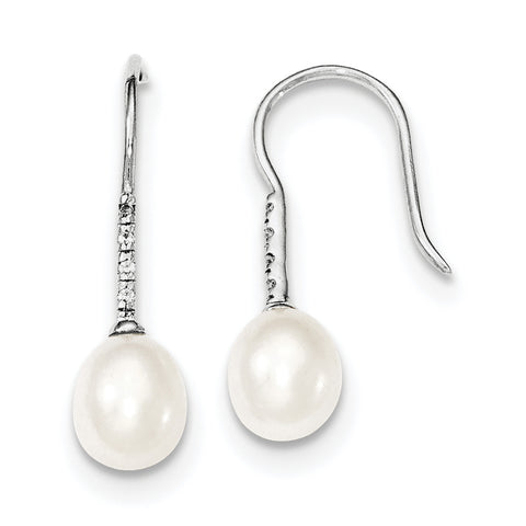 Sterling Silver Rhodium-plated 7-8mm White FWC Pearl CZ Dangle Earrings QE12739 - shirin-diamonds