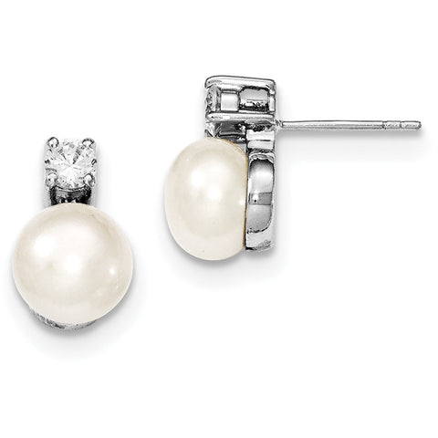 Sterling Silver Rhodium-plated 7-8mm White FWC Pearl CZ Post Earrings QE12750 - shirin-diamonds