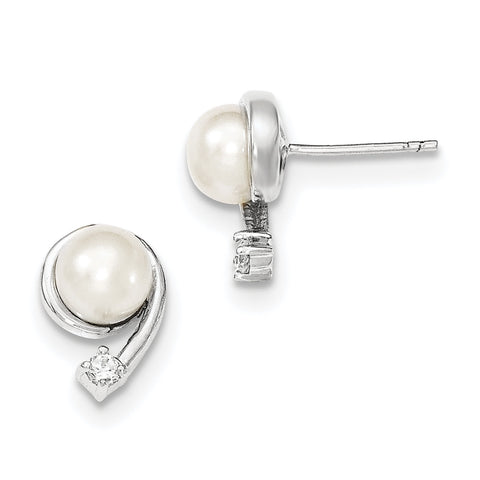 Sterling Silver 7-8mm White FW Cultured Pearl CZ Post Earrings QE12767 - shirin-diamonds
