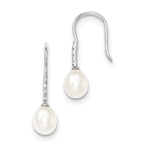 Sterling Silver 7-8mm White FW Cultured Pearl CZ Dangle Earrings QE12768 - shirin-diamonds