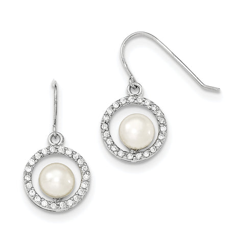 Sterling Silver 7-8mm White FW Cultured Pearl CZ Dangle Earrings QE12769 - shirin-diamonds