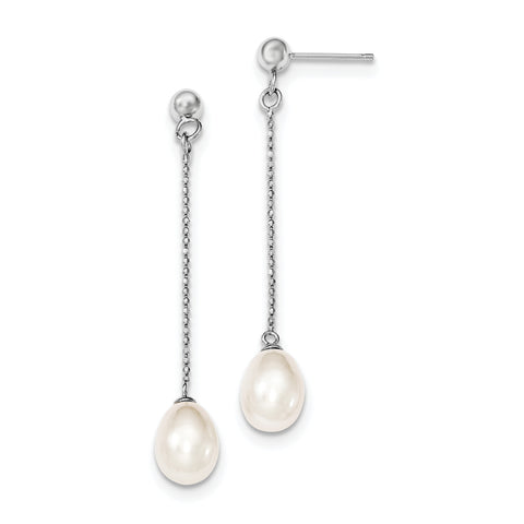 Sterling Silver Rhodium-plated 7-8mm White FWC Pearl Post Dangle Earrings QE12776 - shirin-diamonds