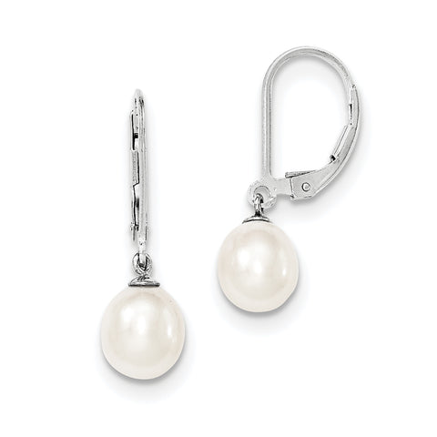 Sterling Silver Rhodium-plated 7-8mm White FWC Pearl Leverback Earrings QE12781 - shirin-diamonds