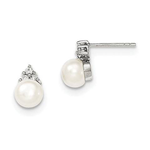 Sterling Silver Rhodium-plated 6-7mm White FWC Pearl CZ Post Earrings QE12812 - shirin-diamonds