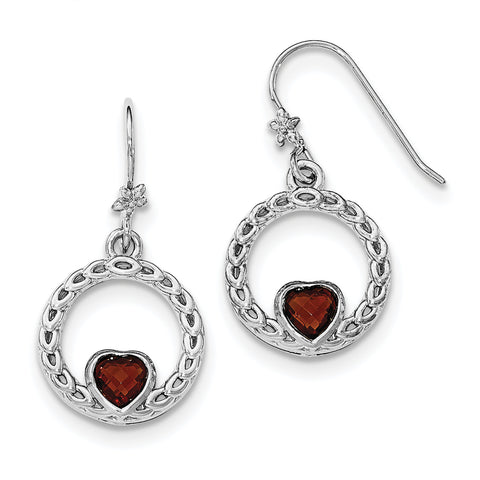 Sterling Silver Rhodium-plated Garnet Heart Dangle Earring QE12918GA - shirin-diamonds