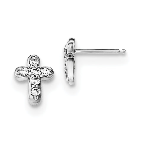 Sterling Silver Rhodium-plated Polished CZ Cross Children's Post Earrings QE12951 - shirin-diamonds