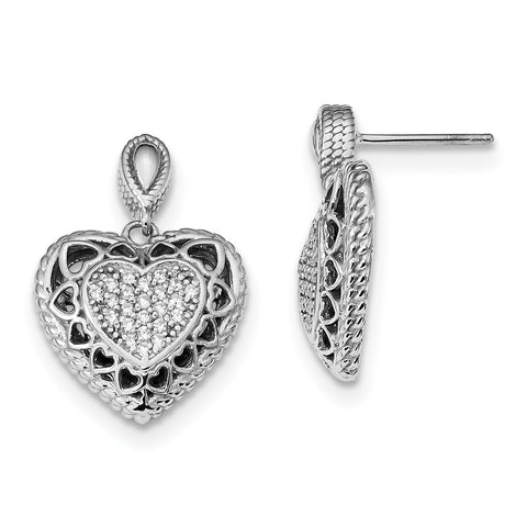 Sterling Silver Rhodium-plated Polished CZ Heart Dangle Post Earrings QE13033 - shirin-diamonds