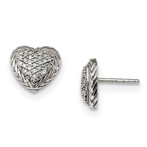 Sterling Silver CZ Textured Heart Post Earrings QE13072 - shirin-diamonds
