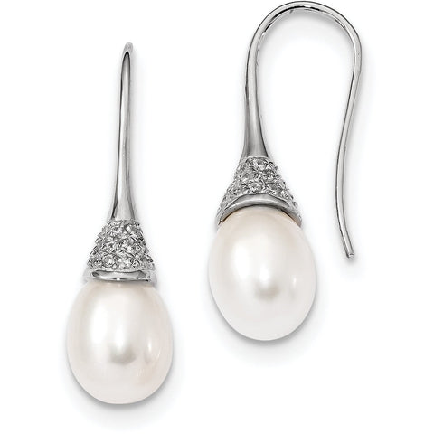 Sterling Silver RH 9-10mm Rice FWC Pearl CZ Dangle Earrings QE13085 - shirin-diamonds