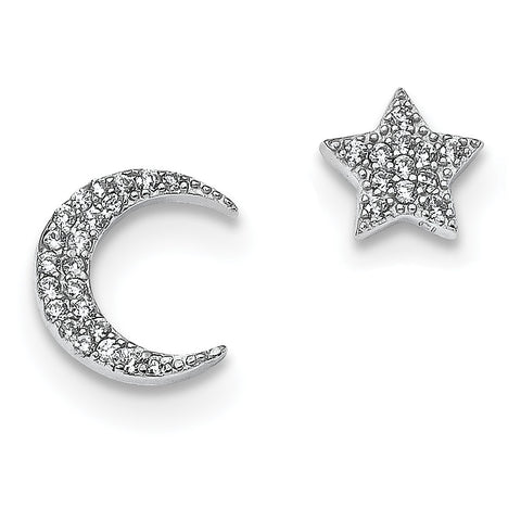 Sterling Silver Rhodium-plated CZ Star & Moon Post Earrings QE13379 - shirin-diamonds