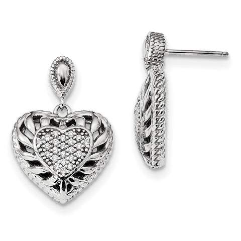 Sterling Silver Rhodium-plated Polished CZ Heart Dangle Post Earrings QE13403 - shirin-diamonds