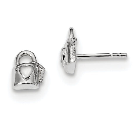 Sterling Silver Rhodium-plated Lock w/Heart and Key Post Earrings QE13425 - shirin-diamonds