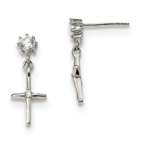 Sterling Silver CZ Cross Dangle Post Earrings QE13500 - shirin-diamonds