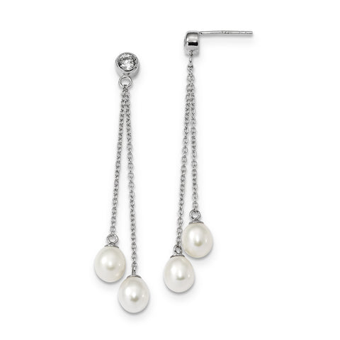 Sterling Silver RH 6-7mm Rice FWC Pearl CZ Post Dangle Earrings QE13853 - shirin-diamonds