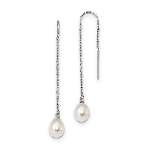 Sterling Silver Rhodium-plated 7-8mm Rice FWC Pearl Threader Earrings QE13854 - shirin-diamonds