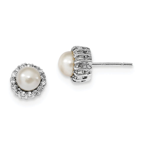 Sterling Silver Rhodium-plated CZ & Freshwater Cultured Pearl Post Earrings QE13870 - shirin-diamonds