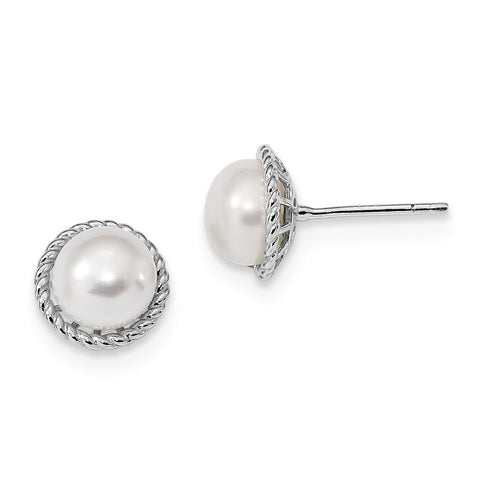 Sterling Silver RH 8-9mm White Button FWC Pearl Post Earrings QE13872 - shirin-diamonds