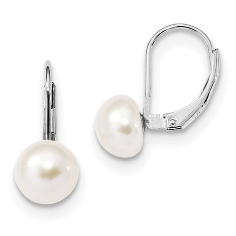 Sterling Silver Rhodium-plated 8-9mm Button FWC Pearl Leverback Earrings QE13896 - shirin-diamonds