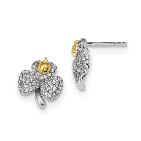 Sterling Silver Rhodium & Gold-tone Polished CZ Clover Post Earrings QE13944 - shirin-diamonds