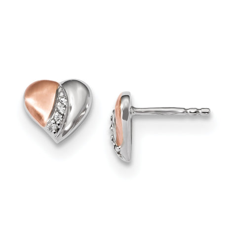 Sterling Silver Rhodium & Rose Gold-plated Polish/Satin CZ Heart Earrings QE13945 - shirin-diamonds