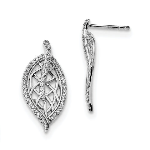 Sterling Silver Rhodium-plated Polished with CZ Leaf Post Earrings QE13966 - shirin-diamonds