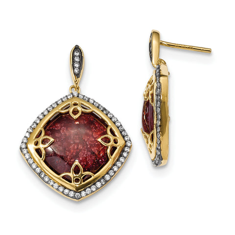 Sterling Silver Gold-tone CZ and Cracked Red CZ Dangle Post Earrings QE14001 - shirin-diamonds